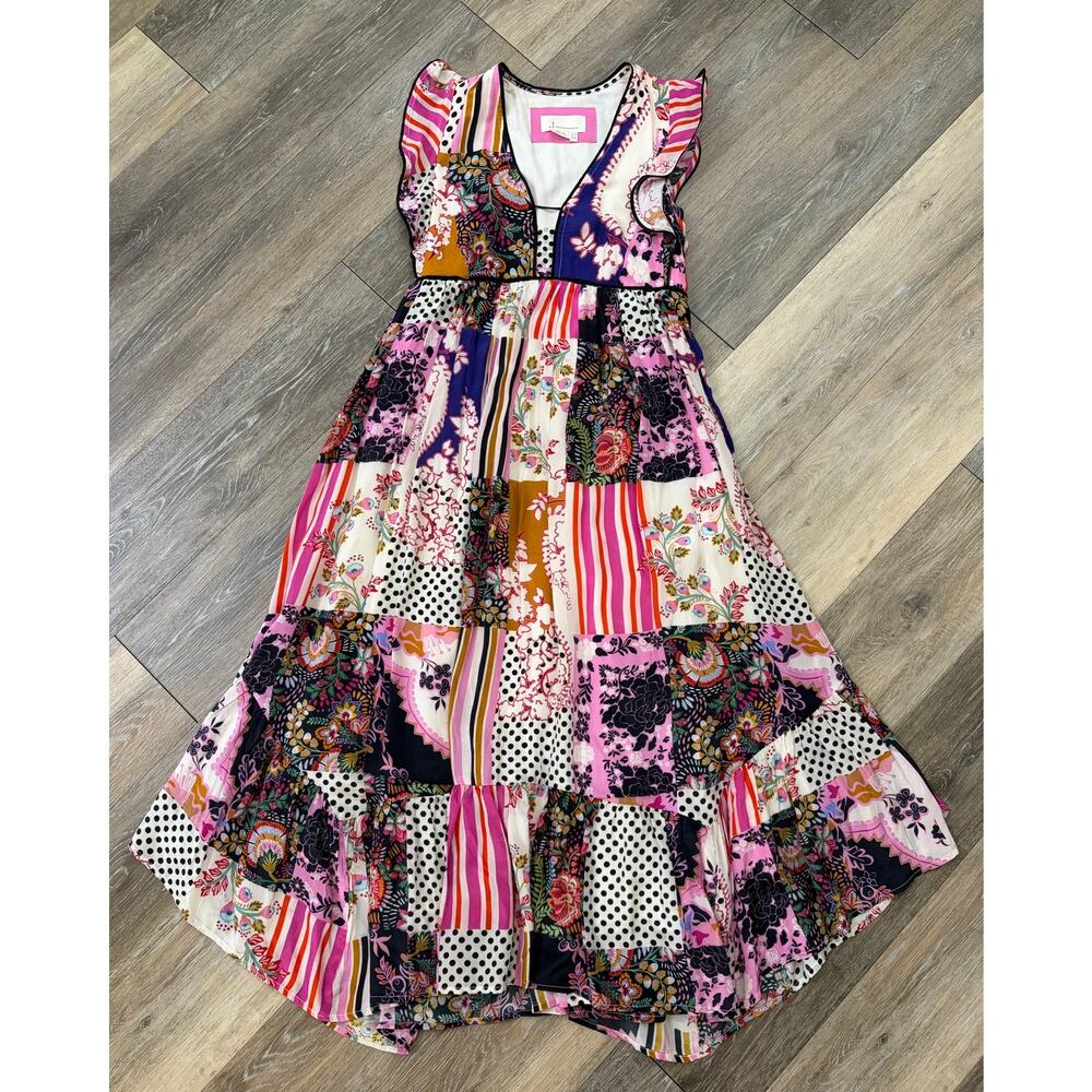 Anthropologie Ruffle Patchwork Dress Size 2 Colorful Boho Midi Short Sleeve - Picture 3 of 8
